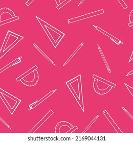 back to school seamless pattern. hand drawn doodle. vector, minimalism. stationery, rulers, pen, pencil. education, wallpaper, wrapping, textiles, banner.