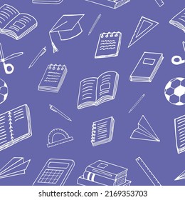 back to school seamless pattern. hand drawn doodle. vector, minimalism, cartoon. stationery, books, notepads, notebooks, ball, paper airplane, rulers, scissors, graduate cap. education, wallpaper