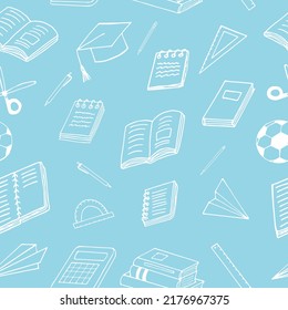 back to school seamless pattern. hand drawn doodle. vector, minimalism, cartoon. stationery, books, notepads, notebooks, ball, paper airplane, rulers, scissors, graduate cap. education, wallpaper