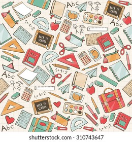 Back to school seamless pattern with hand drawn school supplies, books and stationery