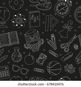 Back to school seamless pattern, hand drawing, doodle style. Stationery endless background. Education Line repeating texture. Vector illustration