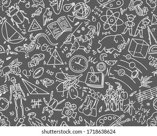 Back To School Seamless Pattern With Hand-drawn Doodles. Sketch Background Element Vector Illustration. Gray Background, White Graphics