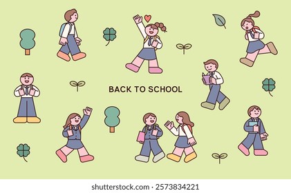 Back to School Seamless Pattern with Happy Students and Nature Elements. many students characters.