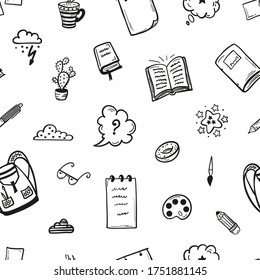 Back to School Seamless Pattern for Kids. Hand Drawn Doodle Cartoon School and Office Supplies Icons. Education Vector Black and White Background