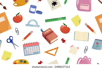 Back to school seamless pattern. Kids stationery, school supply. Book, backpack, pencil, paint, notebook, brush. Hand-drawn vector illustration