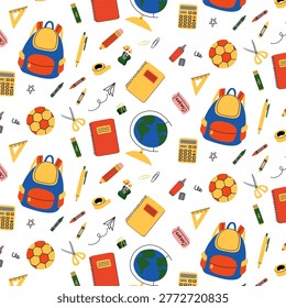Back to School Seamless Pattern for Kids. Vector Education Background with Cartoon School Supplies, Backpack, Globe and Stationery on White