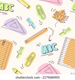 Back to school seamless pattern. Line art doodle illustration with school supplies. Pins, clips, maple leaf, pencil, paper, crayons and ruler. Vector background 