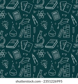 Back to school seamless pattern with microscope, divider, graduation hat, chemical flask, books, notebooks, lightbulb in doodle style. Vector Monochrome line sketch pattern on dark background