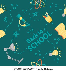 Back to school seamless pattern with modern flat school icons. Online education or school background. Vector flat cartoon illustration