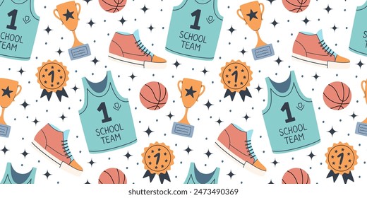 
Back to school seamless pattern in modern design. Sport pattern with basketball elements in simple flat style. Vector illustration.
