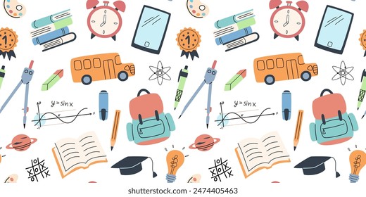 Back to school seamless pattern in modern design. Pattern with school supplies in simple flat style. Vector illustration.
