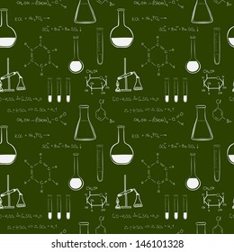 Back to school seamless pattern. Notebook doodles with chemical formulas, flasks and chemical reagents on chalkboard background. Hand drawn illustration.