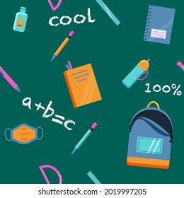 Back to school seamless pattern on green background. Flat design. Vector illustration.