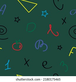 Back to school. Seamless pattern on a chalkboard drawn with chalk on green background. Vector for fabric, wrapping paper, wallpaper