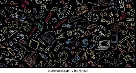 Back to school seamless pattern
on black background. vector illustration