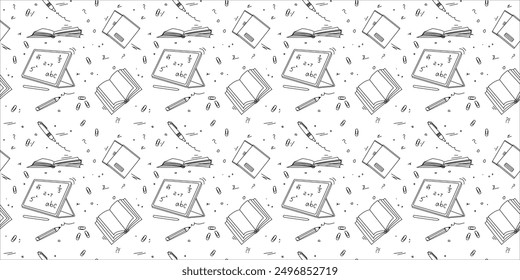 Back to school seamless pattern. Outline hand-drawn school objects seamless pattern. School background. Black and white drawing of a notebook, tablet, pen, copy books, pencil, book, and clips.