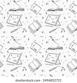 Back to school seamless pattern. Outline hand-drawn school objects seamless pattern. School background. Black and white drawing of a notebook, tablet, pen, copy books, pencil, book, and clips.