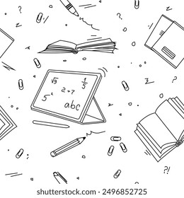 Back to school seamless pattern. Outline hand-drawn school objects seamless pattern. School background. Black and white drawing of a notebook, tablet, pen, copy books, pencil, book, and clips.
