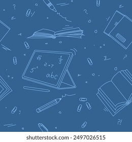 Back to school seamless pattern. Outline hand-drawn school objects seamless pattern. School background. Blue drawing of a notebook, tablet, pen, copy books, pencil, book, clips. Editable stroke.