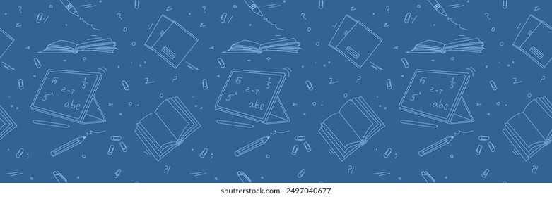 Back to school seamless pattern. Outline hand-drawn school objects seamless pattern. School background. Blue drawing of a notebook, tablet, pen, copy books, pencil, book, clips. Editable stroke.
