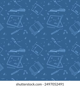 Back to school seamless pattern. Outline hand-drawn school objects seamless pattern. School background. Blue drawing of a notebook, tablet, pen, copy books, pencil, book, clips. Editable stroke.