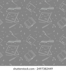 Back to school seamless pattern. Outline hand-drawn school objects seamless pattern. School background. Grey drawing of a notebook, tablet, pen, copy books, pencil, book, clips. Editable.