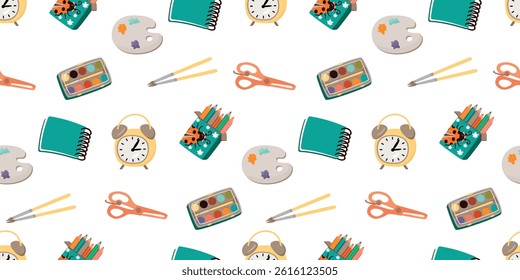 Back to school seamless pattern with paints, pencils, palette, brushes, notepad, scissors, alarm clock. Cartoon background for printing on fabric and paper. Vector design for textile, wallpaper.