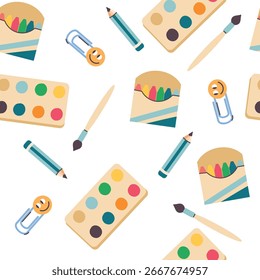 Back to school seamless pattern with paper clip, crayon, pencil, brush, watercolor background for packaging and decoration
