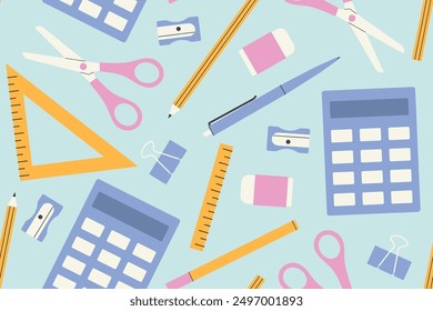 back to school seamless pattern with pen, scissors, calculator, eraser, pencil sharpener, pencil, triangle ruler icons- vector illustration
