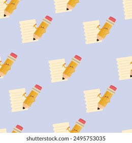 Back to school seamless pattern with pencils and paper flat illustration. Stationery cartoon style. Perfect for fabric, textile, paper, wallpaper, wrapping, etc