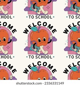 Volver a la escuela patrón sin fisuras para imprimir ilustración de dibujo manual vectorial manzana con mochila