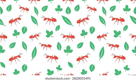 Back to School Seamless pattern of red ants and green leaves with wildlife seamless creature