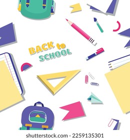 Back to school seamless pattern. Repeating design element for printing on fabric. Backpack, ruler and pencil with paper clips, school supplies. Education and training. Cartoon flat vector illustration