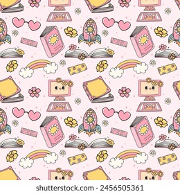 Back to school seamless pattern retro groovy trendy doodle drawing repeating isolated on background.