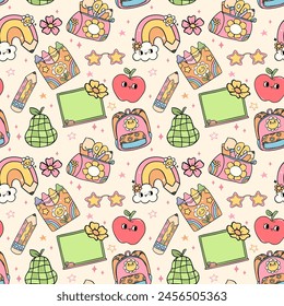 Back to school seamless pattern retro groovy trendy doodle drawing repeating isolated on background.