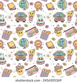 Back to school seamless pattern retro groovy trendy doodle drawing repeating isolated on background.