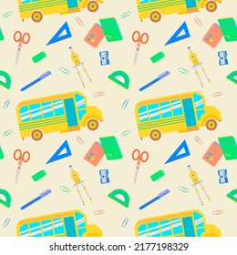 Back to school Seamless pattern with ruler, school bus, compass, scissors, sharpener, lunchbox, notebook, clip. Vector illustration for teenagers or children.