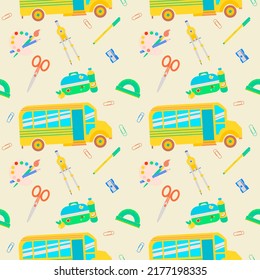 Back To School Seamless Pattern With Ruler, School Bus, Compass, Scissors, Sharpener, Lunchbox. Vector Flat Illustration For Teenagers Or Children.