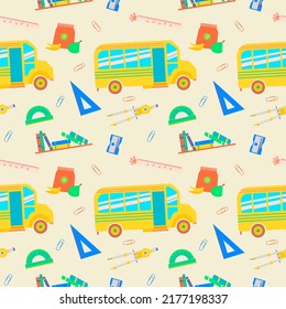 Back To School Seamless Pattern With Ruler, School Bus, Compass, Bookshelf, Sharpener, Lunchbox. Vector Flat Illustration For Teenagers Or Children.