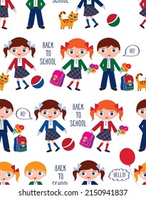 Back to school. Seamless pattern with schoolchildren for kids textile, wallpapers, gift wrap,  scrapbook, school party. Vector