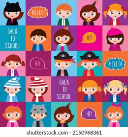 Back to school. Seamless pattern with schoolchildren for kids textile, wallpapers, gift wrap, scrapbook, school party. Vector