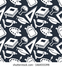 Back to school seamless pattern. Science, education objects and office supplies. Vector illustration