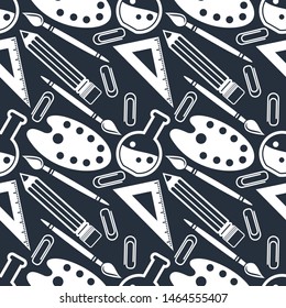 Back to school seamless pattern. Science, education objects and office supplies. Vector illustration