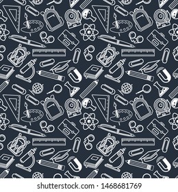 Back to school seamless pattern. Science, education objects and office supplies. Vector illustration