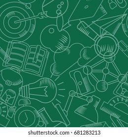 Back to school. Seamless pattern with sketch school supplies. Green whiteboard in classroom template. Chalkboard texture. Flat vector cartoon objects isolated on green background.