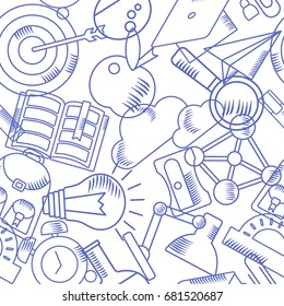 Back to school. Seamless pattern with sketch school supplies. Whiteboard in classroom template. Chalkboard texture. Flat vector cartoon objects isolated on white background.