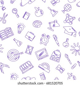Back to school. Seamless pattern with sketch school supplies. Whiteboard in classroom template. Chalkboard texture. Flat vector cartoon objects isolated on white background.