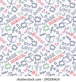 Back To School Seamless Pattern. Back to School Sketchy Notebook Doodles with Lettering - Hand-Drawn Vector Illustration Design Elements on Lined Sketchbook. Cute Notebook Background