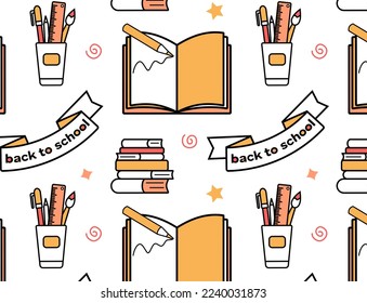 Back to school. Seamless pattern with school stationery items. Colored icon, doodle. Template for educational website. Design decoration of school schedule, training courses. Vector illustration