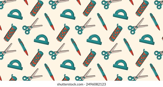 Back to school seamless pattern with stationery. Background or pattern with vector educational elements. Transporter, pencil case, pen, scissors in a blue color palette.